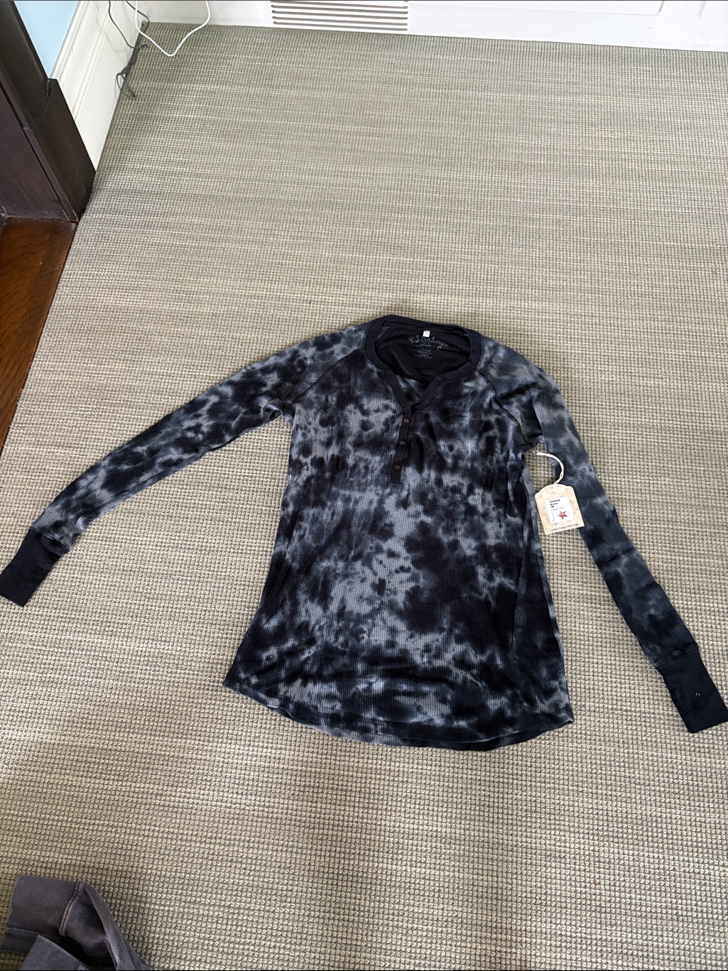 Brand New With Tags Pj Salvage Tie-Dye Long Sleeve Henley Top - Black/Grey